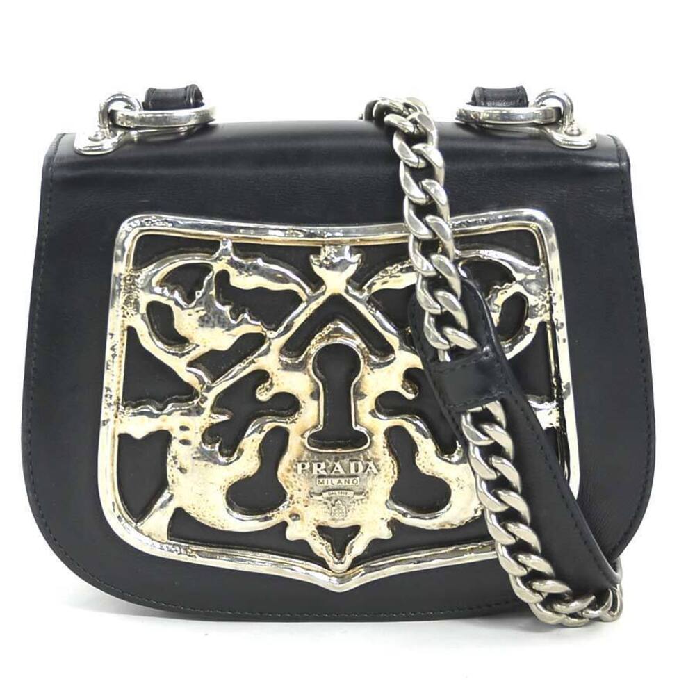 Prada shoulder bag leather metal black silver
